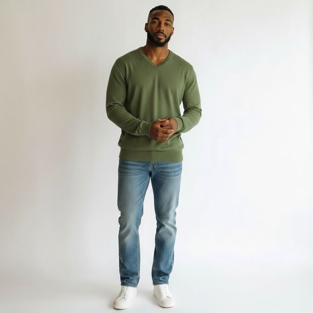 GAP Men’s V-Neck Sweater XL Green 100% Cotton Lightweight Knit